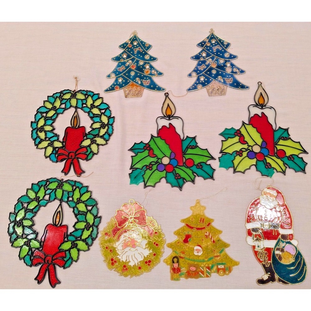 Lot of 9 Christmas Suncatcher Window Hanging Ornaments Candle Wreath Santa Tree